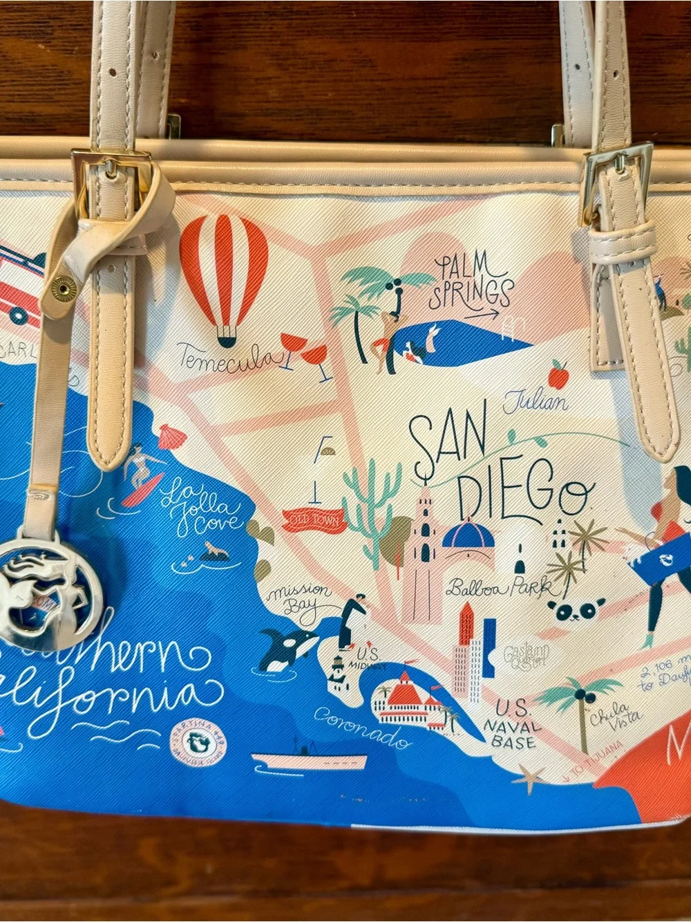 Spartina 449 Southern California Beige, Blue & Coral Illustrated Shoulder Tote